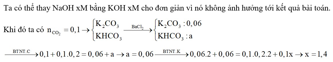 Hấp thụ hoàn toàn 2,24 lít CO2 (đktc) vào 100 ml dung dịch chứa K2CO3 0,2M và NaOH x mol/lít