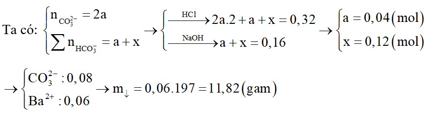 Cho hỗn hợp Na2CO3 và KHCO3 (tỉ lệ số mol tương ứng là 2:1) vào bình chứa dung dịch Ba(HCO3)2 thu được m gam kết tủa