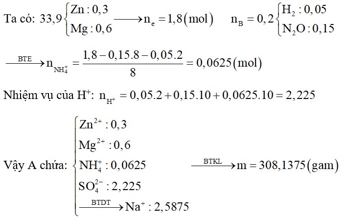 Cho 33,9 gam hỗn hợp bột Zn và Mg (tỷ lệ mol 1:2) tan hết trong dung dịch hỗn hợp gồm NaNO3 và NaHSO4