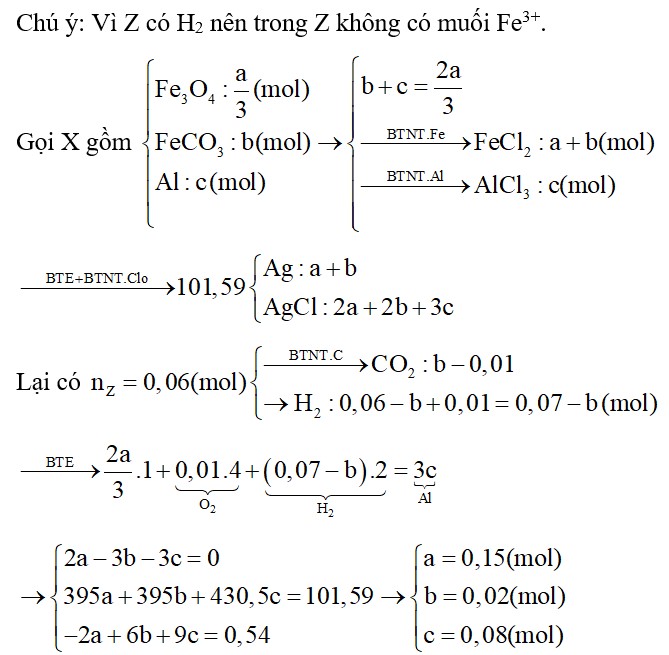 Cho a mol hỗn hợp rắn X chứa Fe3O4, FeCO3, Al (trong đó số mol của Fe3O4 là a/3 mol) tác dụng với 0,224 lít