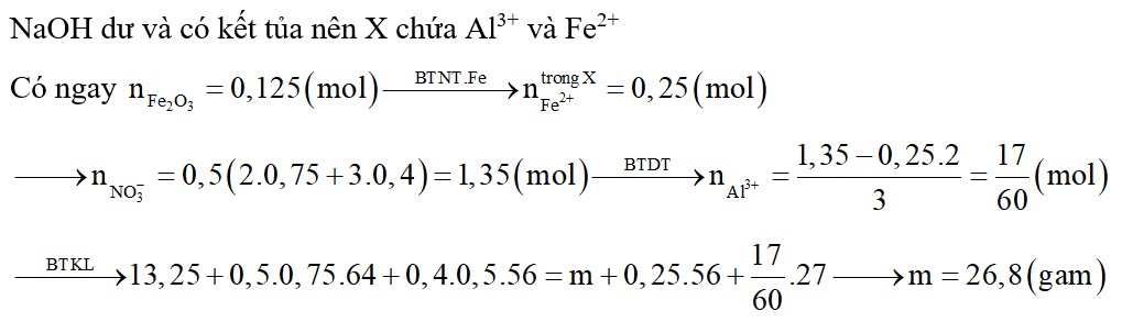 Cho 13,25 gam hỗn hợp Al và Fe vào 500 ml dung dịch Cu(NO3)2 0,75M và Fe(NO3)3 0,4M thu được