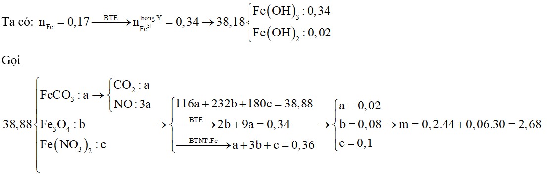 Hòa tan hết 38,88 gam hỗn hợp X gồm FeCO3, Fe3O4 và Fe(NO3)2 trong dung dịch chứa HCl
