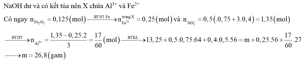 Cho 13,25 gam hỗn hợp Al và Fe vào 500 ml dung dịch Cu(NO3)2 0,75M và Fe(NO3)3 0,4M