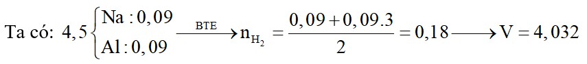 Cho 4,5 gam hỗn hợp chứa Na và Al (tỷ lệ mol 1:1) vào nước dư thấy thoát ra V lít khí H2