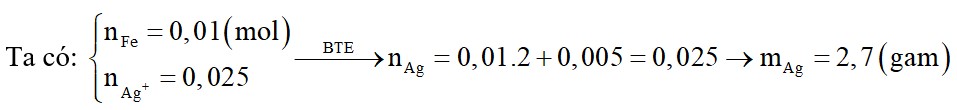 Cho 0,01 mol Fe vào 50 ml dung dịch AgNO3 0,5 M. Khi phản ứng xảy ra hoàn toàn thì khối lượng Ag