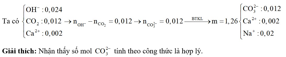 Cho 0,012 mol CO2 hấp thụ bởi 200 ml NaOH 0,1M và Ca(OH)2 0,01M. Khối lượng muối được là