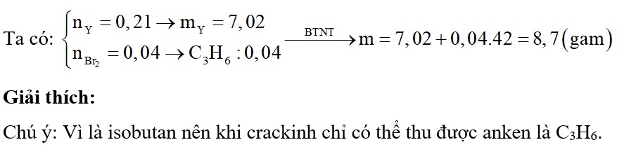 Thực hiện phản ứng crackinh m gam isobutan thu được hỗn hợp X chỉ có các hiđrocacbon. Dẫn hỗn hợp X qua dung dịch chứa 6,4 gam brom
