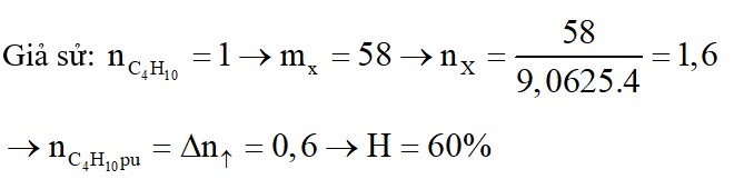 Crackinh C4H10 thu được hỗn hợp khí X gồm 5 hidrocacbon có dX/He = 9,0625