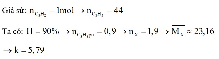 Crackinh C3H8 thu được hỗn hợp X gồm H2, C2H4, CH4, C3H8 có dX/He = k