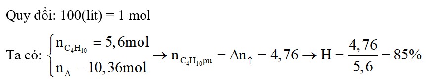 Crackinh 560 lít C4H10 thu được 1036 lít hỗn hợp X gồm 5 hidrocacbon