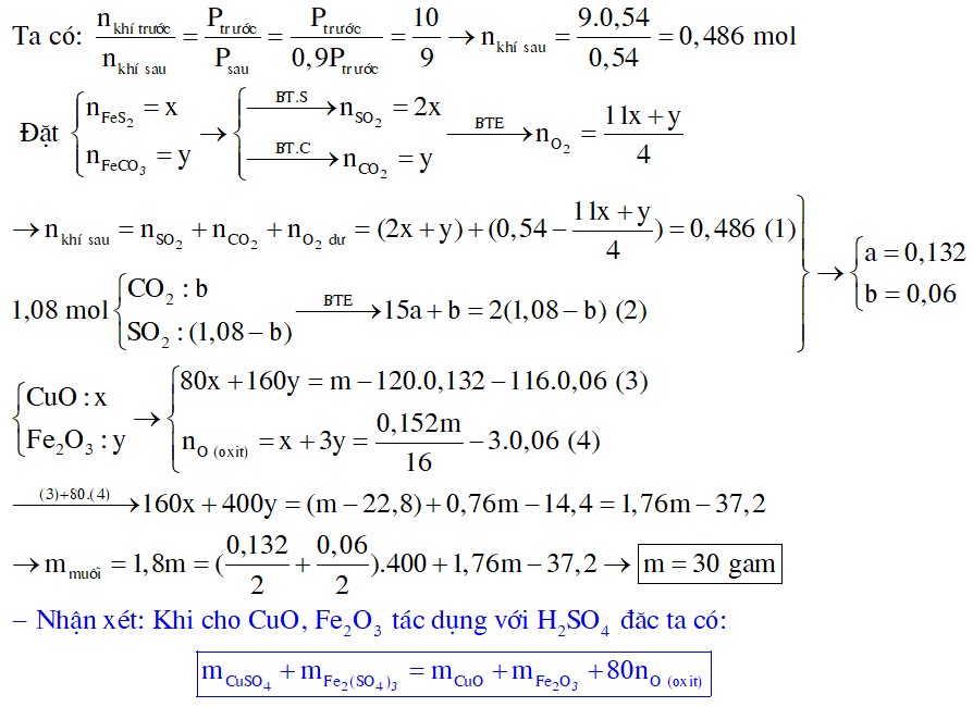Cho m gam hỗn hợp X gồm FeS2, FeCO3, CuO và Fe2O3 (trong X nguyên tố oxi chiếm 15,2% về khối lượng) vào bình kín 2