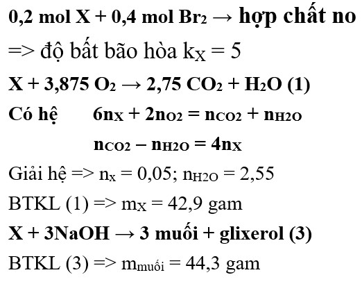 Đốt cháy hoàn toàn m gam chất béo X cần 3,875 mol O2, thu được 2,75 mol CO2 1