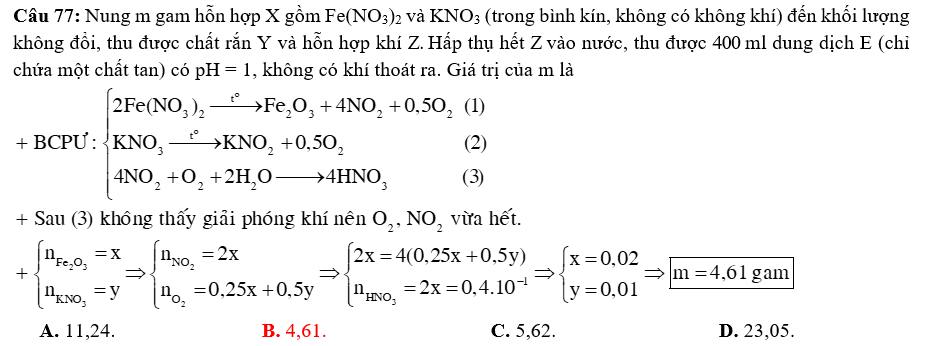 Nung m gam hỗn hợp X gồm Fe(NO3)2 và KNO3 (trong bình kín, không có không khí) đến khối lượng không đổi 3