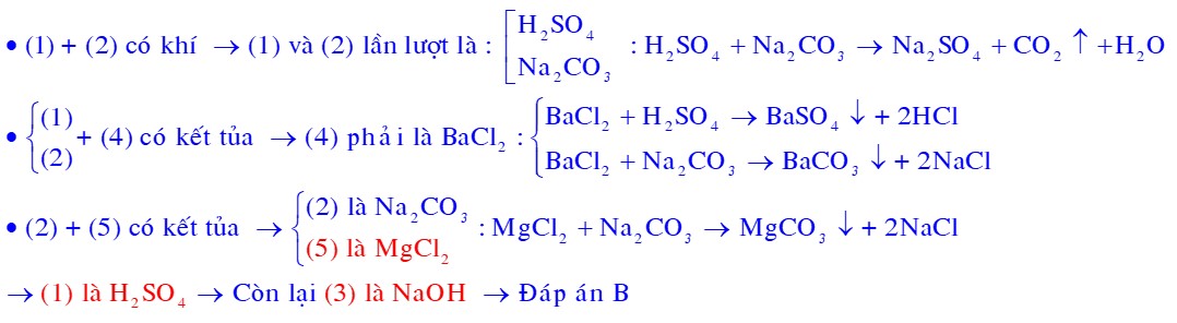 Các dung dịch riêng biệt: Na2CO3, BaCl2, MgCl2, H2SO4, NaOH được đánh số ngẫu nhiên (1), (2), (3), (4), (5)