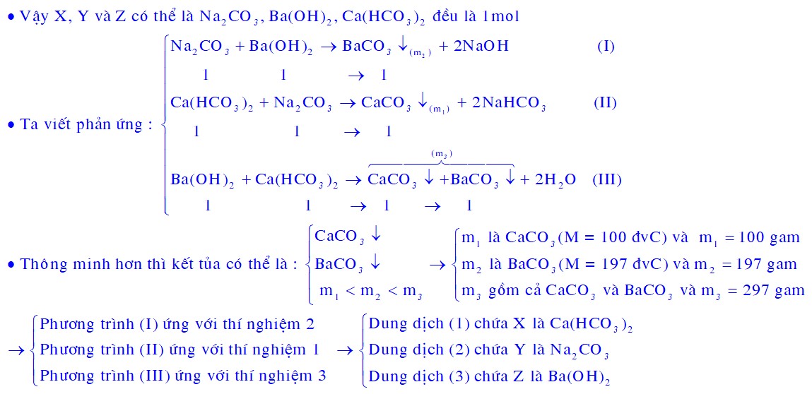 Cho 3 dung dịch (1), (2), (3) chứa lần lượt 3 chất tan X, Y, Z trong nước có cùng số mol. Tiến hành các thí nghiệm sau