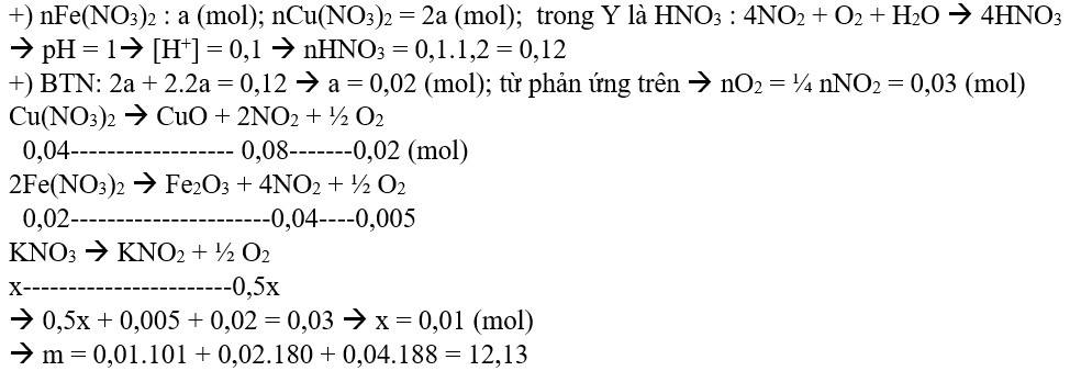 Nhiệt phân hoàn toàm m gam hỗn hợp KNO3, Fe(NO3)2, Cu(NO3)2 trong đó số mol Cu(NO3)2 gấp 2 lần 1
