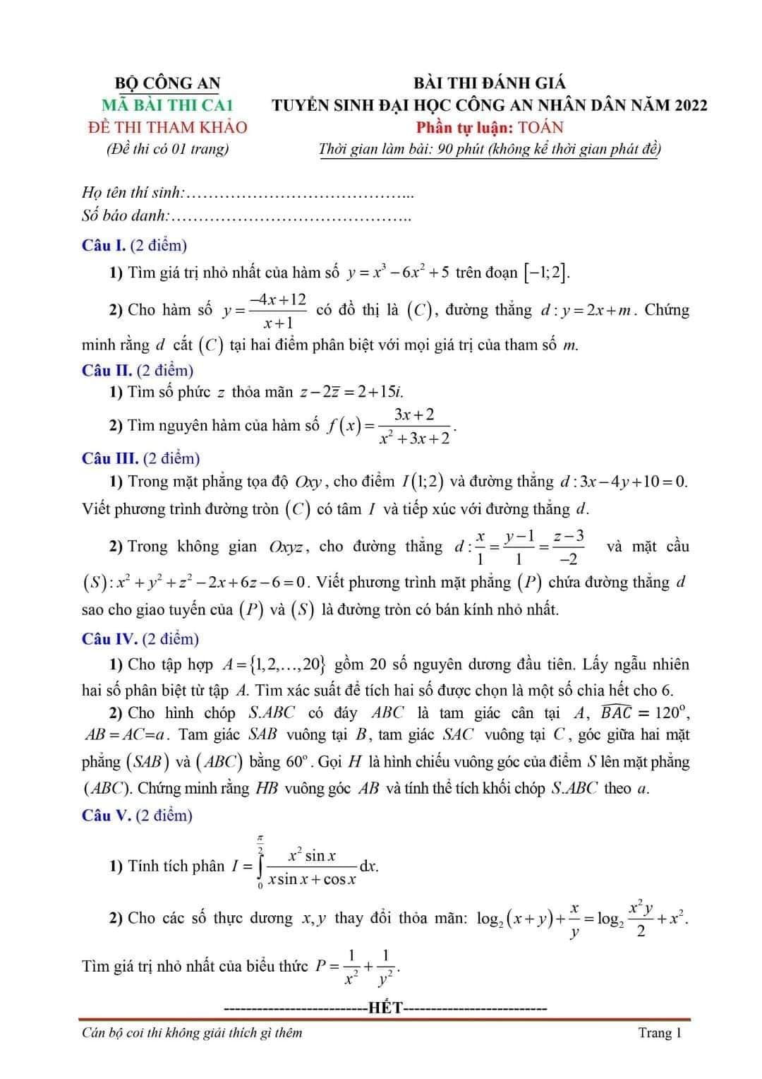 100 đề thi đại học Toán tự luận 2022 1