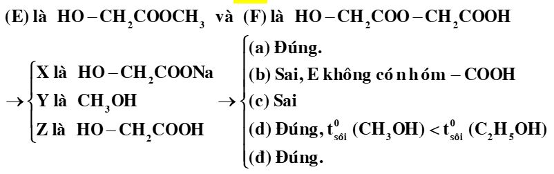 Cho E (C3H6O3) và F (C4H6O5) là các chất hữu cơ mạch hở. Trong phân tử chất F chứa đồng thời các nhóm -OH, -COO- và -COOH 1
